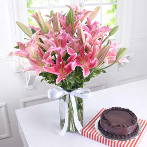 Pink Lilies  & Chocolate Cake